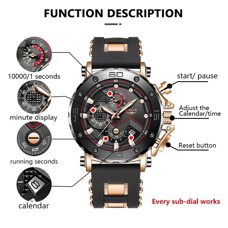 LIGE Armbanduhr, Digitaluhr, Quarz, Edelstahl, Silikon, Schwarz/Gold, Herren - Bild 7