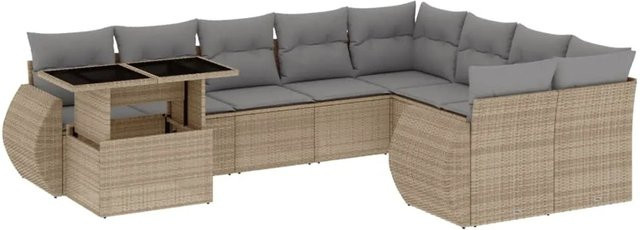vidaXL 10-tlg. Garten-Sofagarnitur in L-Form aus Poly-Rattan mit Kissen in Beige-Grau - Bild 1