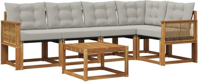 vidaXL Outdoor-Sofagarnitur L-Form aus Akazienholz mit 6 Kissen in Grau und Natur - Bild 1