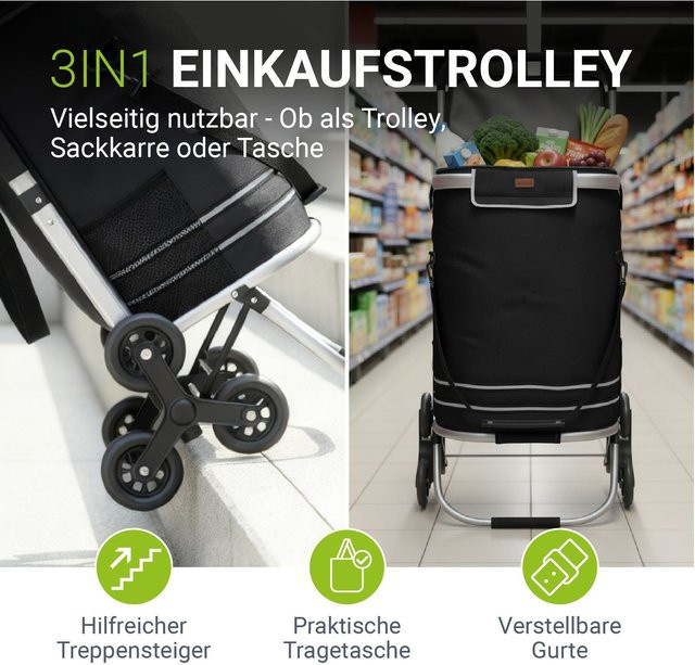 Juskys 3in1 Einkaufstrolley für Treppen, klappbar, Schwarz und Grau, 56 L - Bild 1