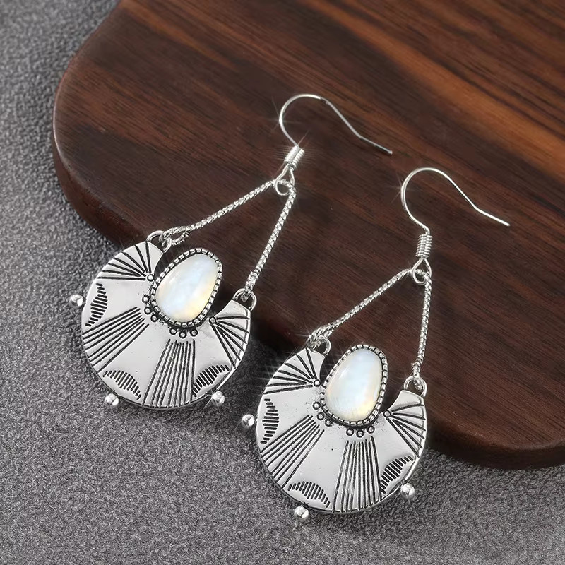 YoYo Ohrringe, Vintage, Silber, Synthetischer Mondstein, Lotus-Schnitzerei - Bild 4