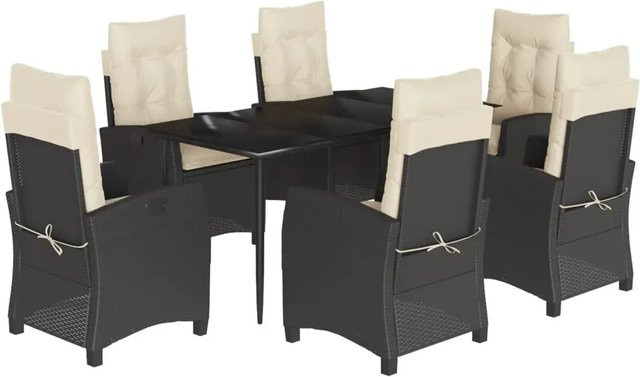 vidaXL 7-teilige Garten-Essgruppe aus Poly Rattan in Schwarz mit Kissen und Tisch aus gehärtetem Glas - Bild 1