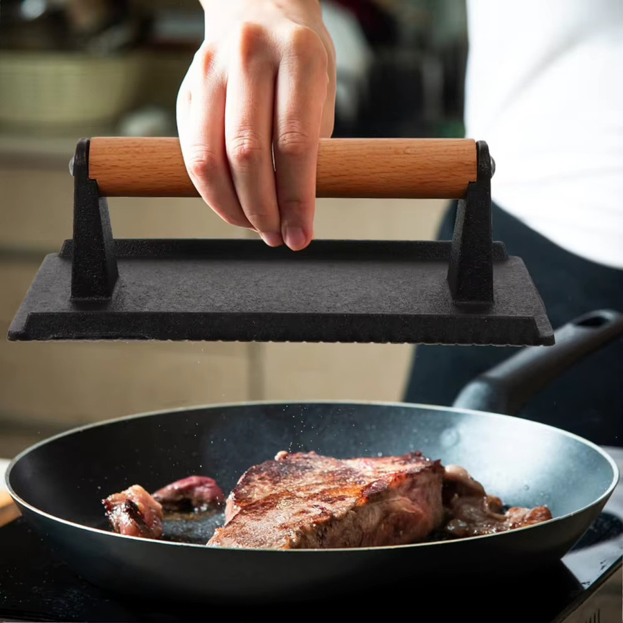 FEB.WIND Gusseisen-Grillpresse in Schwarz, runde Steak- und Burgerpresse mit Griff für Grill und Küche - Bild 5