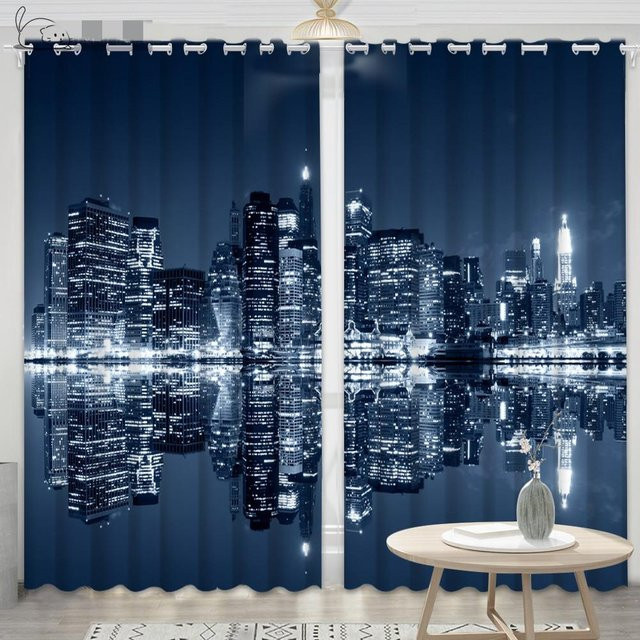 2er-Set New York City Nachtvorhang mit Freiheitsstatue, halbtransparent, blau, Höhe: 130 cm, Breite: 50 cm pro Paneel - Bild 1