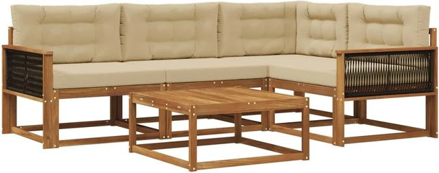 vidaXL Outdoor-Sofagarnitur L-Form aus massivem Akazienholz mit 5 Kissen in Natur und Beige - Bild 1