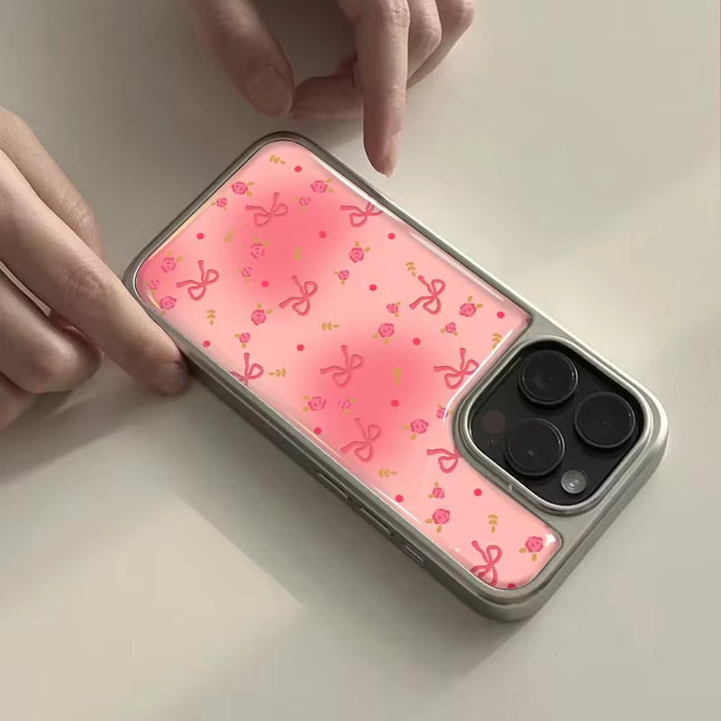 DecoPhone Stoßfeste Handyhülle mit rosa Blumen-Hydrogel-Rückplatte und silbernem Rand für iPhone 17, 16, 15, 14 Pro Max - Bild 2