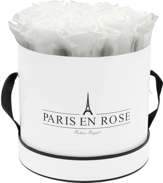 PARIS EN ROSE Rosenbox Weiß-Schwarz mit 14 weißen Rosen, Durchmesser: 19 cm - Bild 1