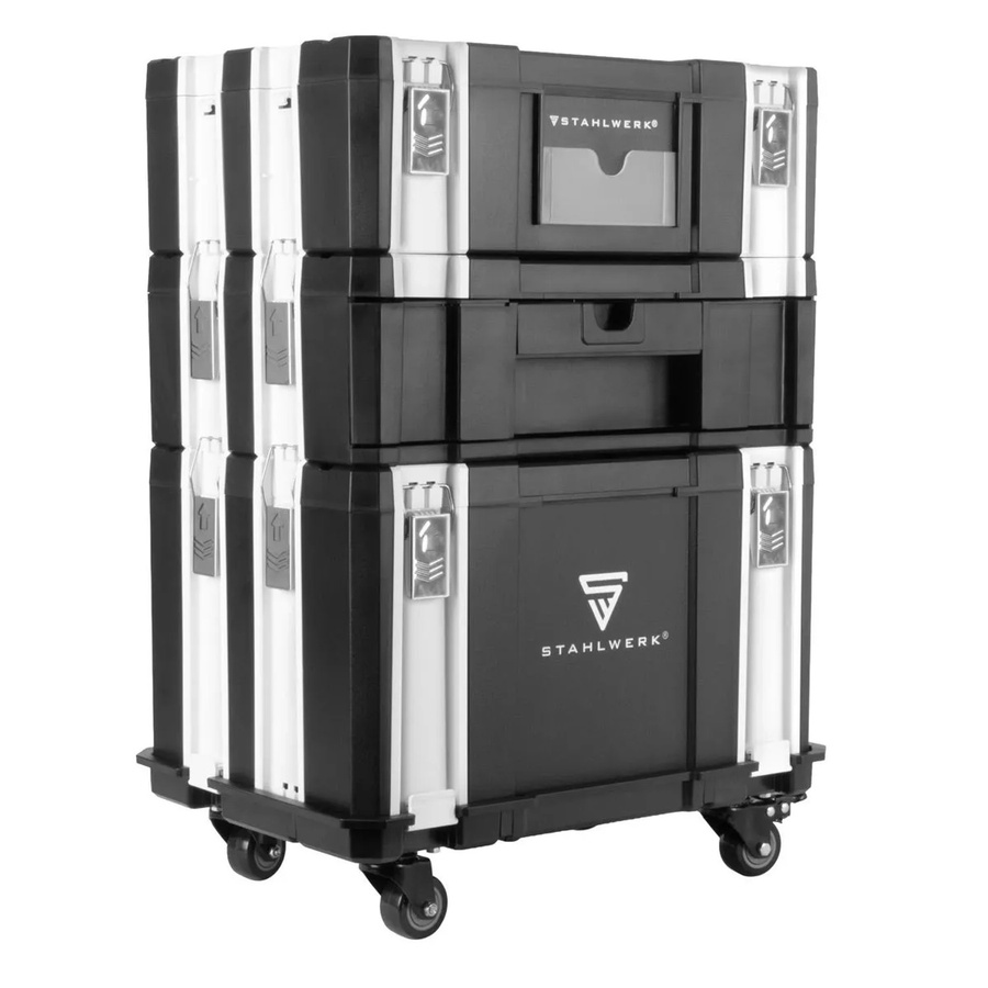 STAHLWERK Mobiles Toolbox Set in Schwarz mit 3 Werkzeugkoffern, Rollbrett und Lenkrollen - Bild 2