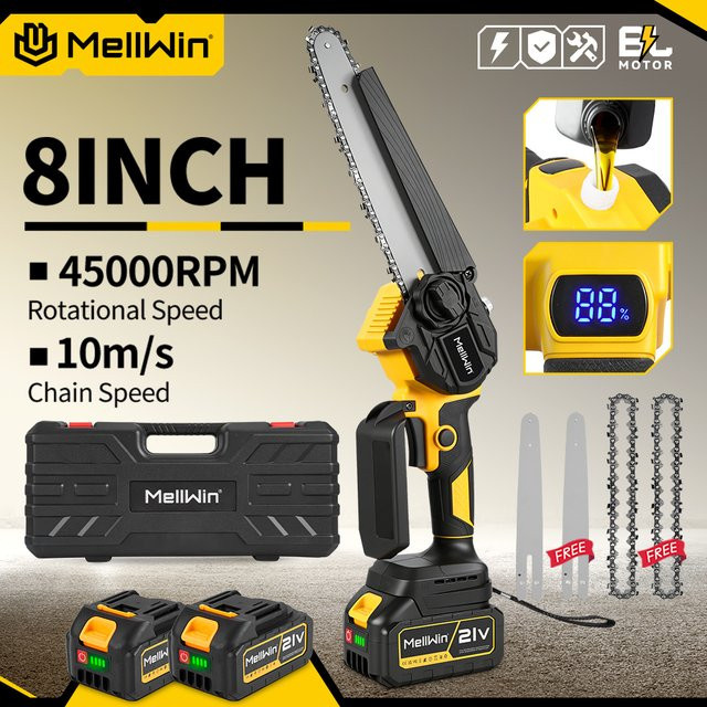 MELLWIN Bürstenlose 8-Zoll-Elektrokettensäge mit automatischer Ölschmierung in Gelb, kompatibel mit Makita 18V-Akku, Akku-Gartensäge zum Holzschneiden, Beschneiden und Fällen - Bild 1