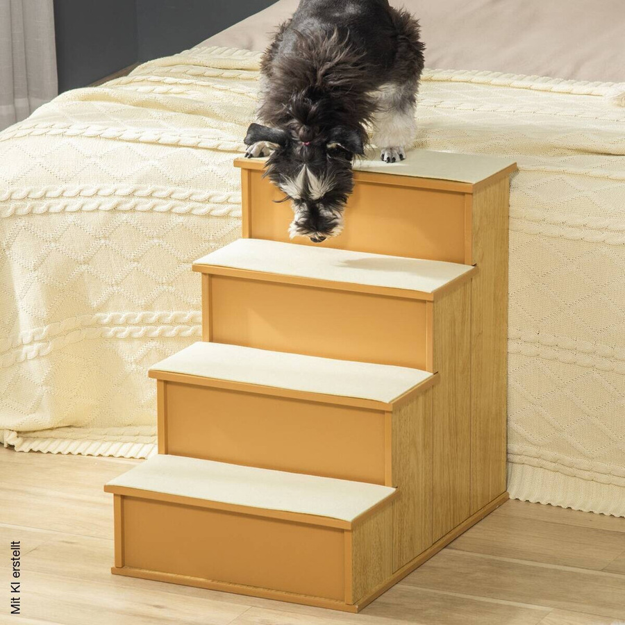 PawHut 4-stufige Haustiertreppe aus Holzoptik mit Plüschbezug in Braun und Beige, B/H/T: 59 x 54,2 x 40 cm - Bild 3