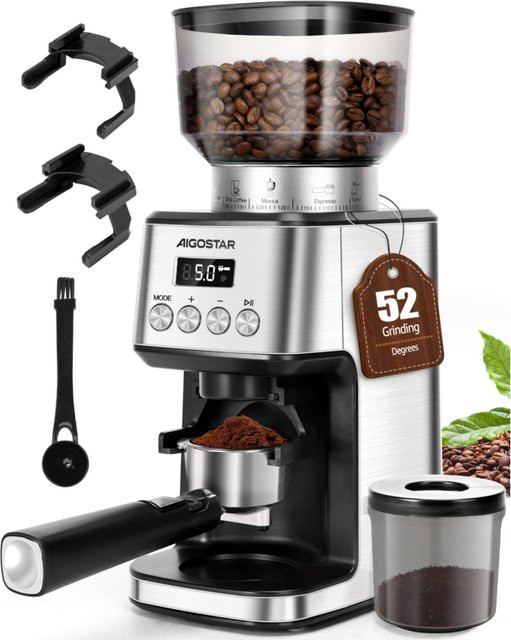 Aigostar Elektrische Kaffeemühle mit Kegelmahlwerk aus Edelstahl in Silber mit 52 Mahleinstellungen und Digitaldisplay für Espresso, Filterkaffee und Siebträger - Bild 1