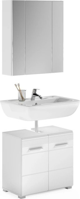 xonox.home Badmöbel-Set Linus 2-teilig in Weiß Hochglanz mit LED-Beleuchtung und Waschtischunterschrank Breite: 60 cm, Tiefe: 34 cm, Höhe: 182 cm - Bild 1