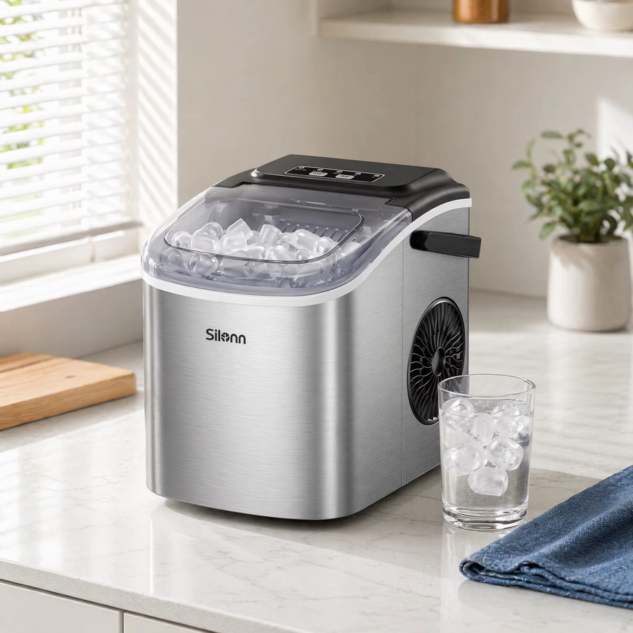 Silonn Eiswürfelmaschine in Silber mit Tragegriff, kompakt und selbstreinigend, 2 Eisgrößen, ideal für Küche, Büro und Partys - Bild 2
