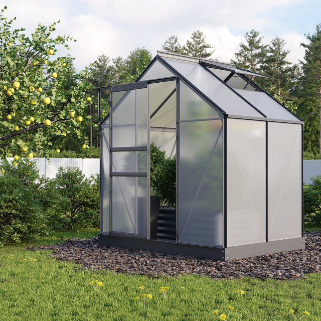 Vitavia Gewächshaus Planet 2500 Schwarz mit Fundamentrahmen, Polycarbonat und Schiebetür, 2,5 m² - Bild 1