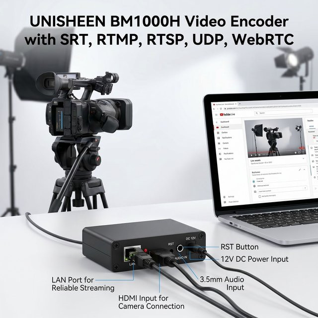 UNISHEEN BM1000H HD Live-Stream Video-Encoder in Schwarz mit HDMI zu IP Unterstützung für 1080p H.265 H.264 IPTV via SRT RTMP RTMPS UDP WebRTC Icecast RTSP Onvif - Bild 1