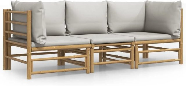 vidaXL 3-tlg Garten-Lounge-Set aus Bambus mit grauen Polstern in L-Form - Bild 1