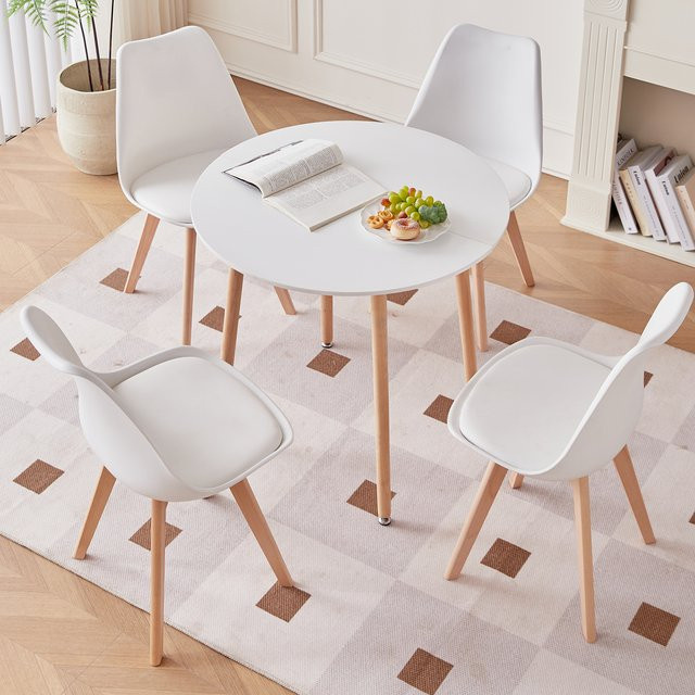 GrandCA HOME 4-teiliges Esstisch-Set im skandinavischen Design mit rundem Tisch und gepolsterten Stühlen, Farbe Weiß - Bild 1