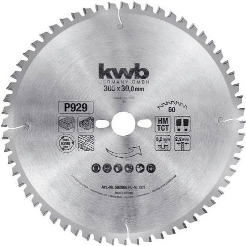 Kwb Kreissägeblatt für Holz und Kunststoff, Carbide Tipped, Farbe: Silber, Durchmesser: 305 mm, Bohrung: 30 mm - Bild 1