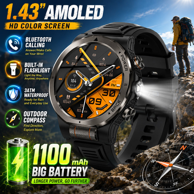 LIGE Militärische Smartwatch in Schwarz mit 1,43 Zoll AMOLED-Bildschirm, 1100mAh Akku, Bluetooth-Anruffunktion und 3ATM Wasserdichtigkeit - Bild 1