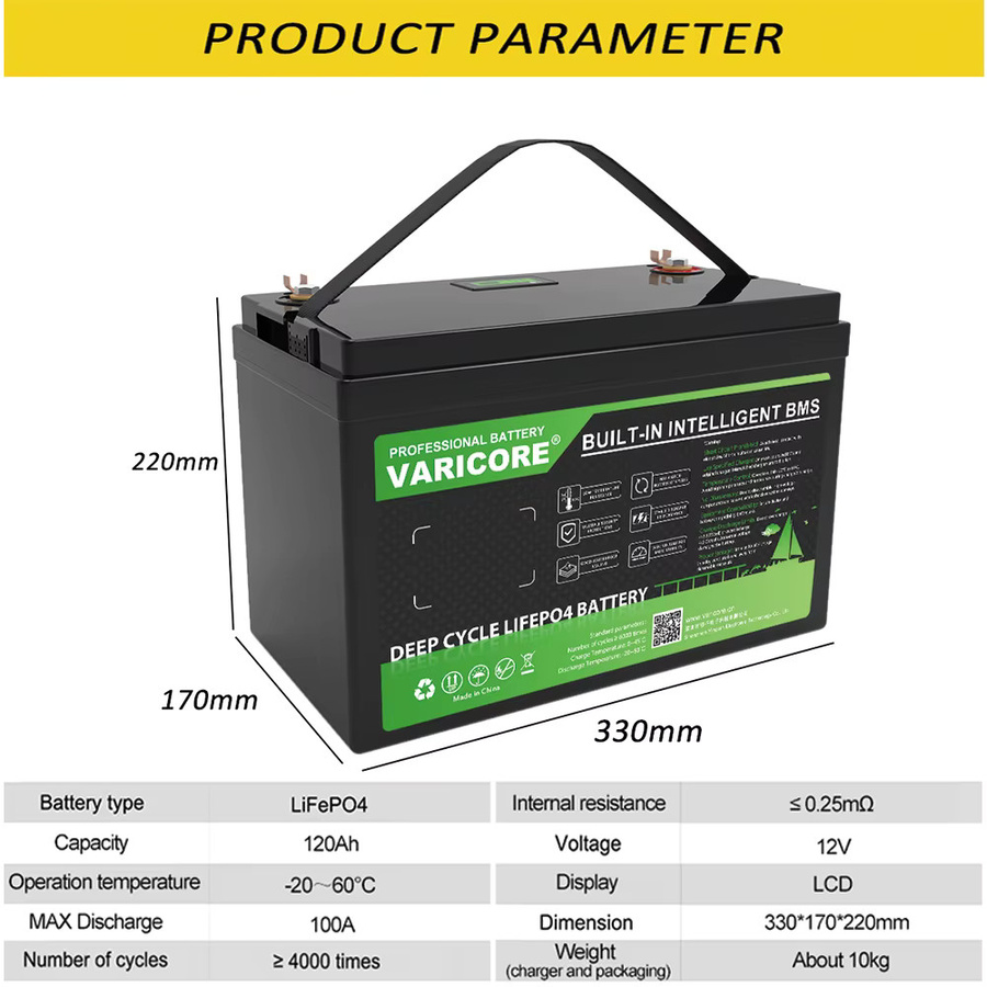 Varicore 12V LiFePo4 Batterie 120Ah mit BMS-Schutz und Klasse-A-Zellen in Schwarz für Wohnmobile und Solaranlagen - Bild 4