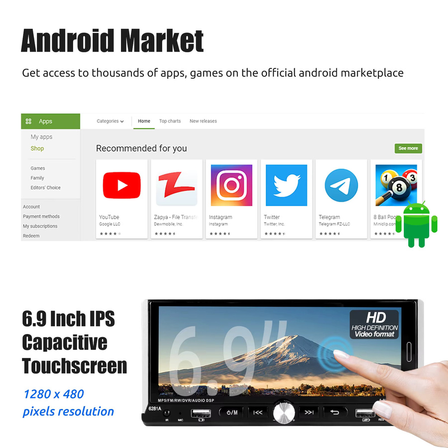 ESSGOO Android 15 Autoradio mit 6,9 Zoll Touchscreen, 4+64 GB, 1 DIN, kabelloses CarPlay, Android Auto, Bluetooth, GPS, WiFi und Lenkradsteuerung in Schwarz - Bild 2