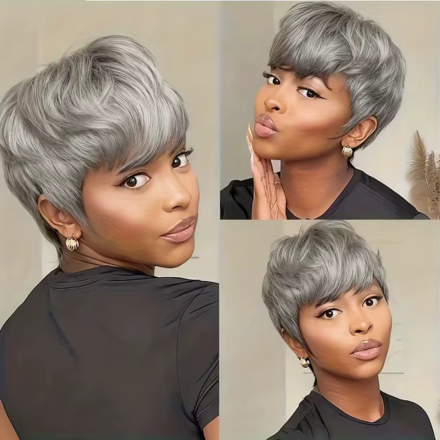 OYM HAIR Pixie-Schnitt-Perücke, silbergrau, 100 % Echthaar mit Pony, Damen - Bild 2