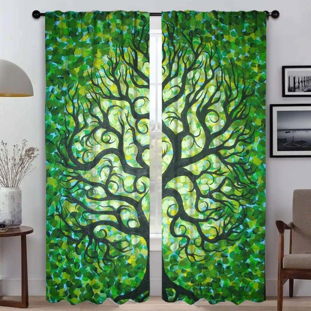 2er-Set Verdunkelungsvorhänge mit Lebensbaum-Motiv aus Tüll in Multicolour, Breite: 60 cm, Höhe: 90 cm - Bild 1