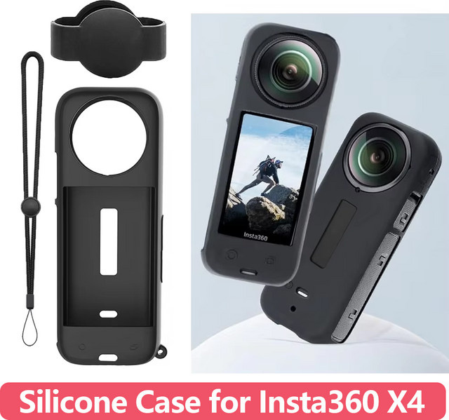 EXSKOF Silikon-Schutzhüllen-Set für Insta360 X4 in Schwarz mit Stoßfester Gehäuseabdeckung, Objektivdeckel und Handgelenkschlaufe - Bild 1