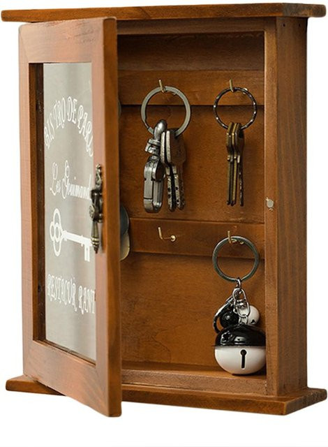 Schlüsselorganisator aus Holz und Acryl als Wandbox im Retro-Design von TOMTOP JMS in Schwarz und Braun mit Glastür - Bild 1