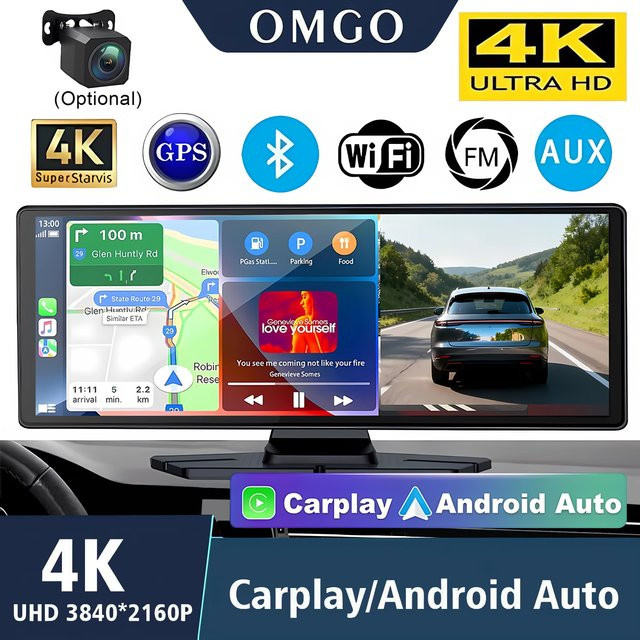 OMGO 4K Dashcam mit 10,26 Zoll Display, Carplay und Android Auto, Dual-Objektiv, GPS, 5G WLAN, Bluetooth und FM-Transmitter, Schwarz - Bild 1