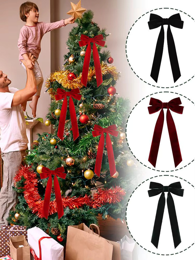 10er Set Samt Schleifen als Weihnachtsbaum Dekoration und Geschenkverpackung in Burgund Rot, Grün und Schwarz - Bild 5