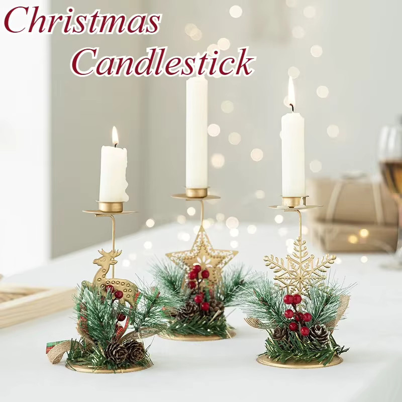 Untior Weihnachtskerzenhalter aus Metall in Gold mit roten Tannenzapfen und Schneeflocken-Design für die Tischdekoration zu Weihnachten, Hochzeiten und Silvester - Bild 2
