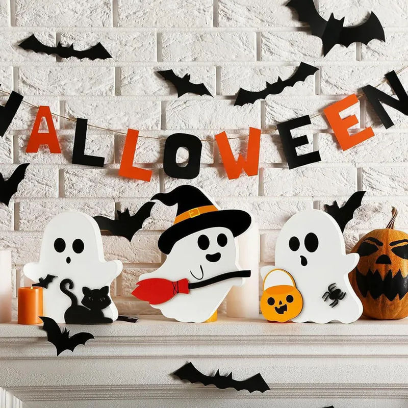 3er Set Halloween Deko aus Holz mit Geistern, Schwarzer Katze, Fledermaus und Hexe von OutsideWorld in Weiß und Schwarz - Bild 8