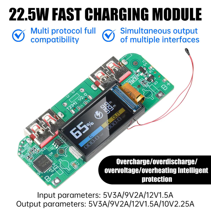 Diymore Schnelllade-Powerbank-Motherboard mit Digitalanzeige und USB-C, 22,5 W PD QC Modul, Grün - Bild 3