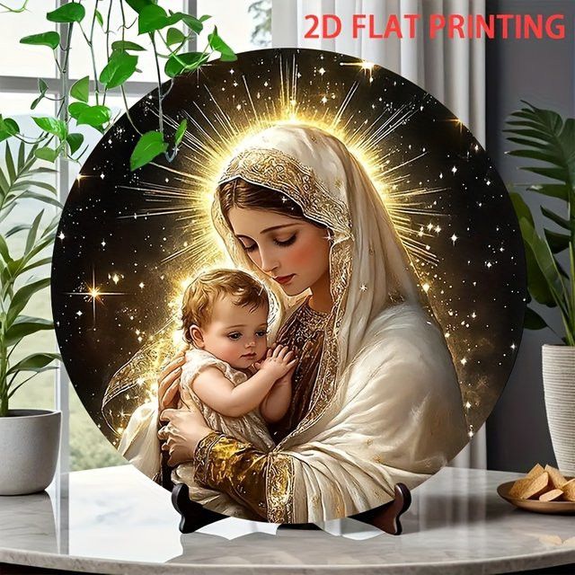 Rundes Blechschild Potdemiel mit Heiliger Mutter und Kind in böhmischem Stil, Durchmesser: 20,32 cm - Bild 1