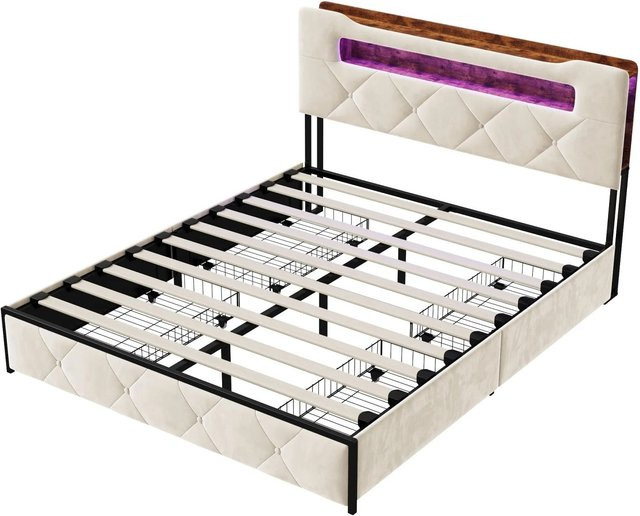 PXloue Doppelbett mit LED-Beleuchtung und USB-Ladeport in Beige, Polsterbett mit 4 Schubladen und Nachttischregal, B/T/H: 160 x 200 x 103 cm - Bild 1