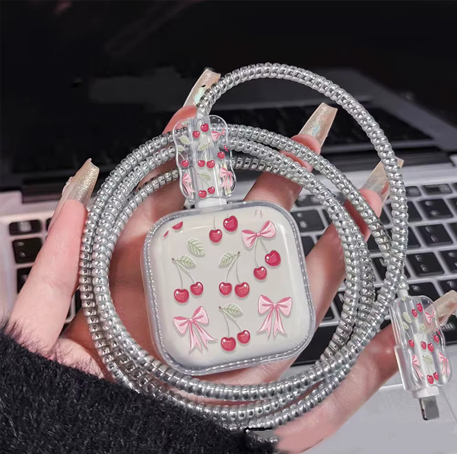 Schutzhülle für 40W Ladegerät und Ladekabel mit Mädchen-Schleife Design in Beige, passend für iPhone 16 Pro und 17 Datenkabel - Bild 1