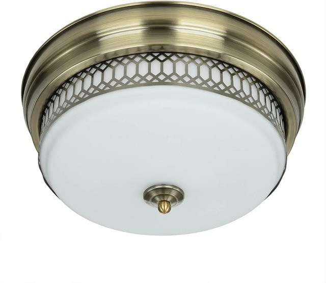 Licht-Erlebnisse Deckenlampe für Badezimmer aus Glas und Metall in Messing Antik und Weiß, Durchmesser: 35 cm, IP44, 2x E27 - Bild 1