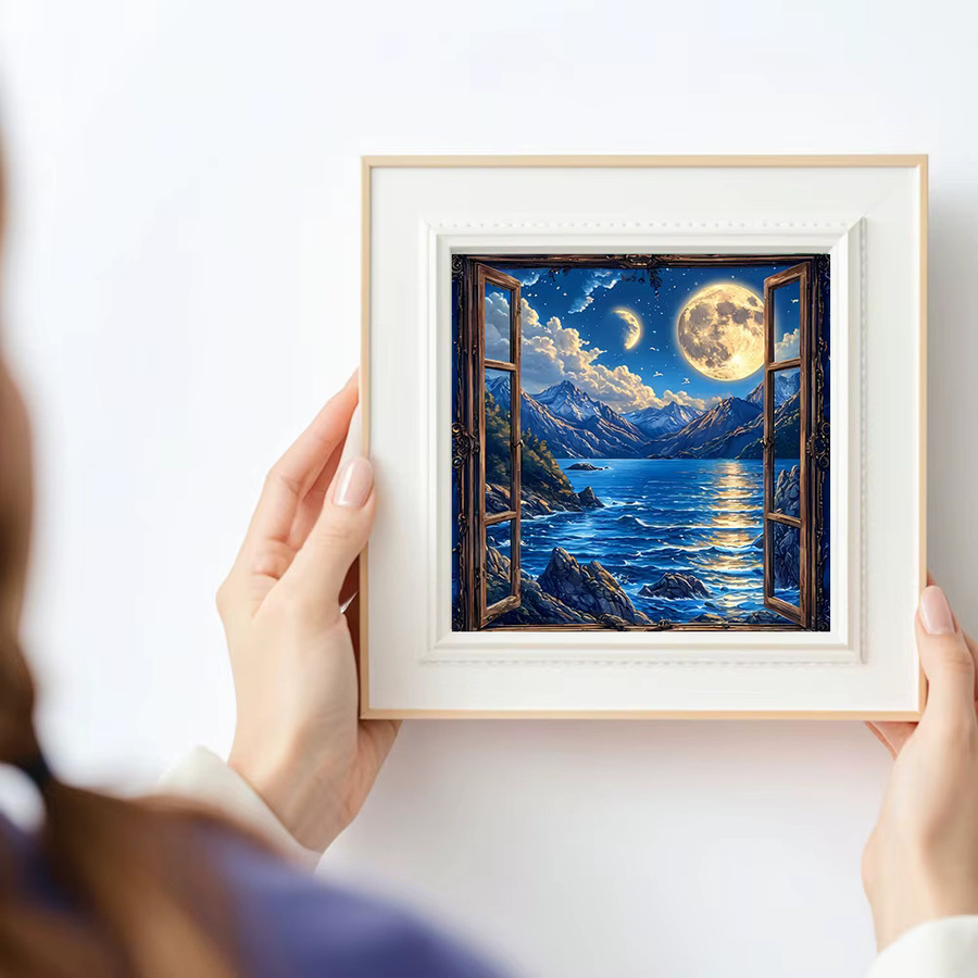 Huacan Diamantgemälde Landschaft mit Meer, Berg und Mond in Blau als dekoratives Diamantmosaik Set - Bild 3