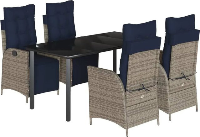 vidaXL 5-teilige Garten-Essgruppe aus Poly Rattan mit grauen Kissen und Glastisch - Bild 1
