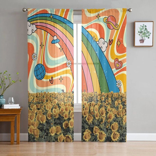 Yiran Furniture Transparente Tüll Vorhänge mit Sonnenblumen und Regenbogen Motiv in Blau und Multicolour, B: 135 cm, H: 114 cm - Bild 1
