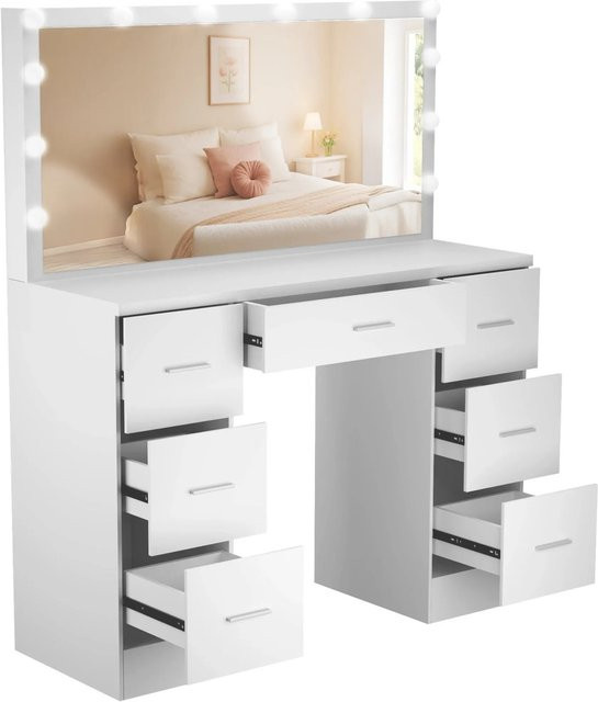 DELUKE Schminktisch MALMÖ mit Hollywood-LED-Spiegel in Weiß aus Holz, B/T/H: 110 x 40 x 135 cm - Bild 1