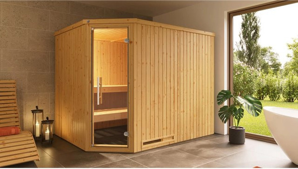 Weka Ecksauna Varberg 4 ohne Ofen mit Glastür in Braun