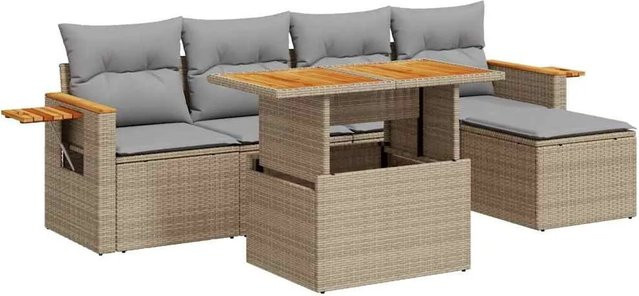 vidaXL 6-teilige Garten-Sofagarnitur aus Poly-Rattan und Akazienholz in Beige-Grau mit Kissen - Bild 1