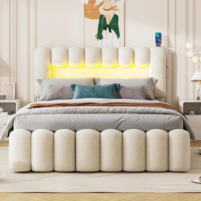 Flieks Polsterbett mit LED, Stauraumbett mit 4 Schubladen, USB-Ladefunktion und höhenverstellbarem Kopfteil, beige, B/T/H: 160 x 200 cm - Bild 1