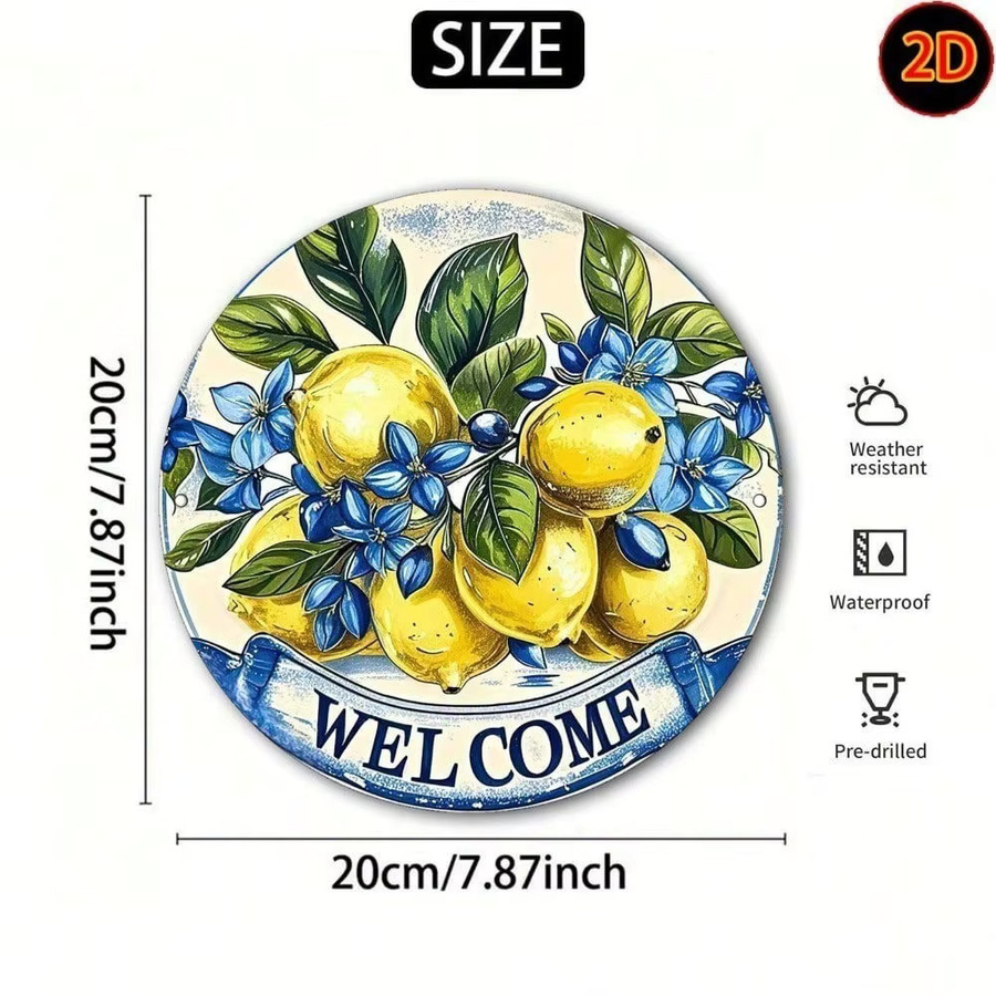 CIFBUY Vintage Aluminium-Willkommensschild mit Zitronen- und Blumenmotiv, Rundes Metall-Wandschild für Garten und Terrasse, Mehrfarbig - Bild 6