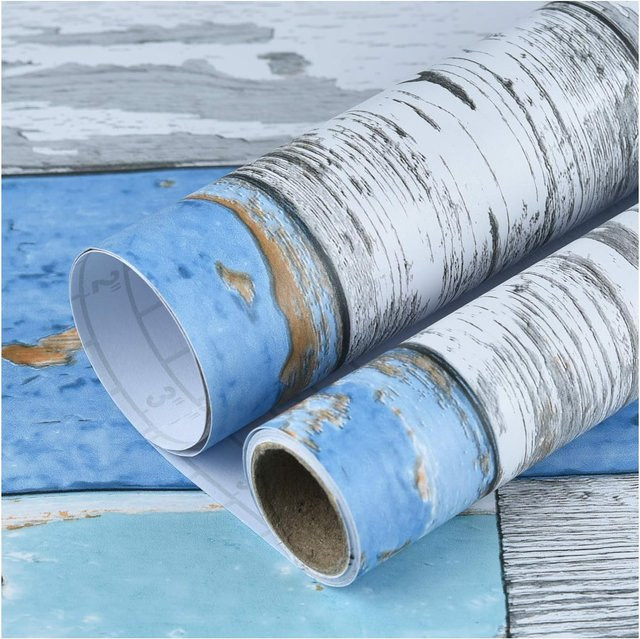 Selbstklebende Vinyl-Tapete von KALYNN in Blau und Graugrün im Distressed-Holz-Design für Wandmöbel und Heimdekoration - Bild 1