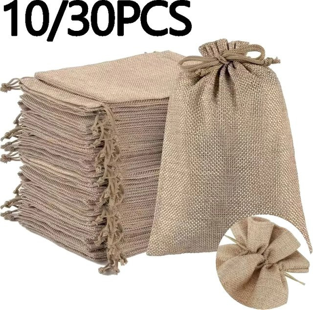 Sackleinen Kordelzugbeutel aus Jute in Beige für DIY Süßigkeiten Hochzeit und Schmuckaufbewahrung - Bild 1