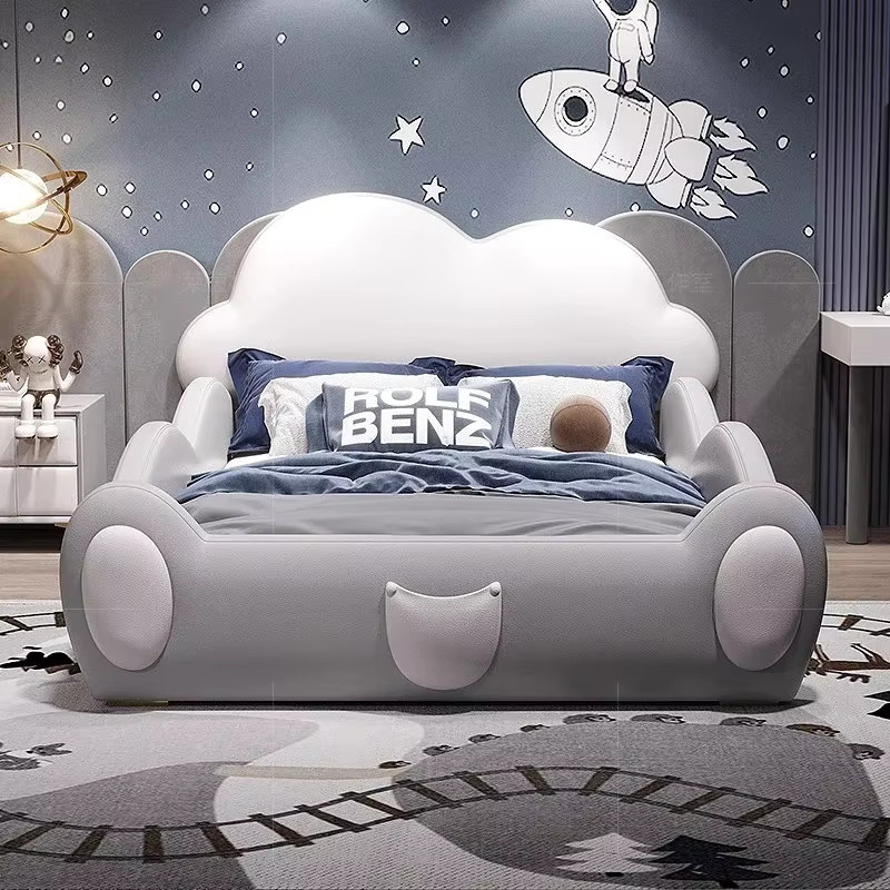 Modernes Kinderwolkenbett aus Massivholz mit Polsterrahmen und Zaun in Weiß, B/T/H: 180 x 200 cm - Bild 1
