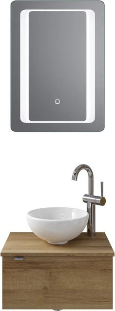 Pelipal Badmöbel-Set Serie 6915 Riviera Eiche mit Keramik Aufsatzbecken, Waschtischunterschrank und Funktionsspiegel mit LED-Beleuchtung und Sensor-Schalter, Breite: 51 cm - Bild 1